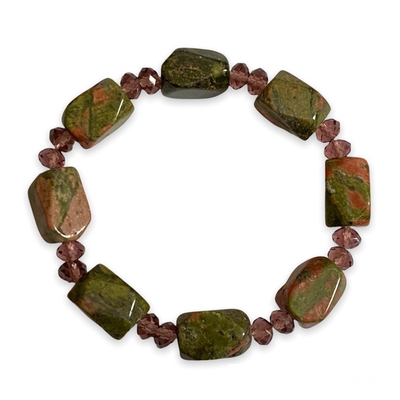 Jewelry - Unakite Geometric Tumble Stone Stretch Bracelet with Crystals